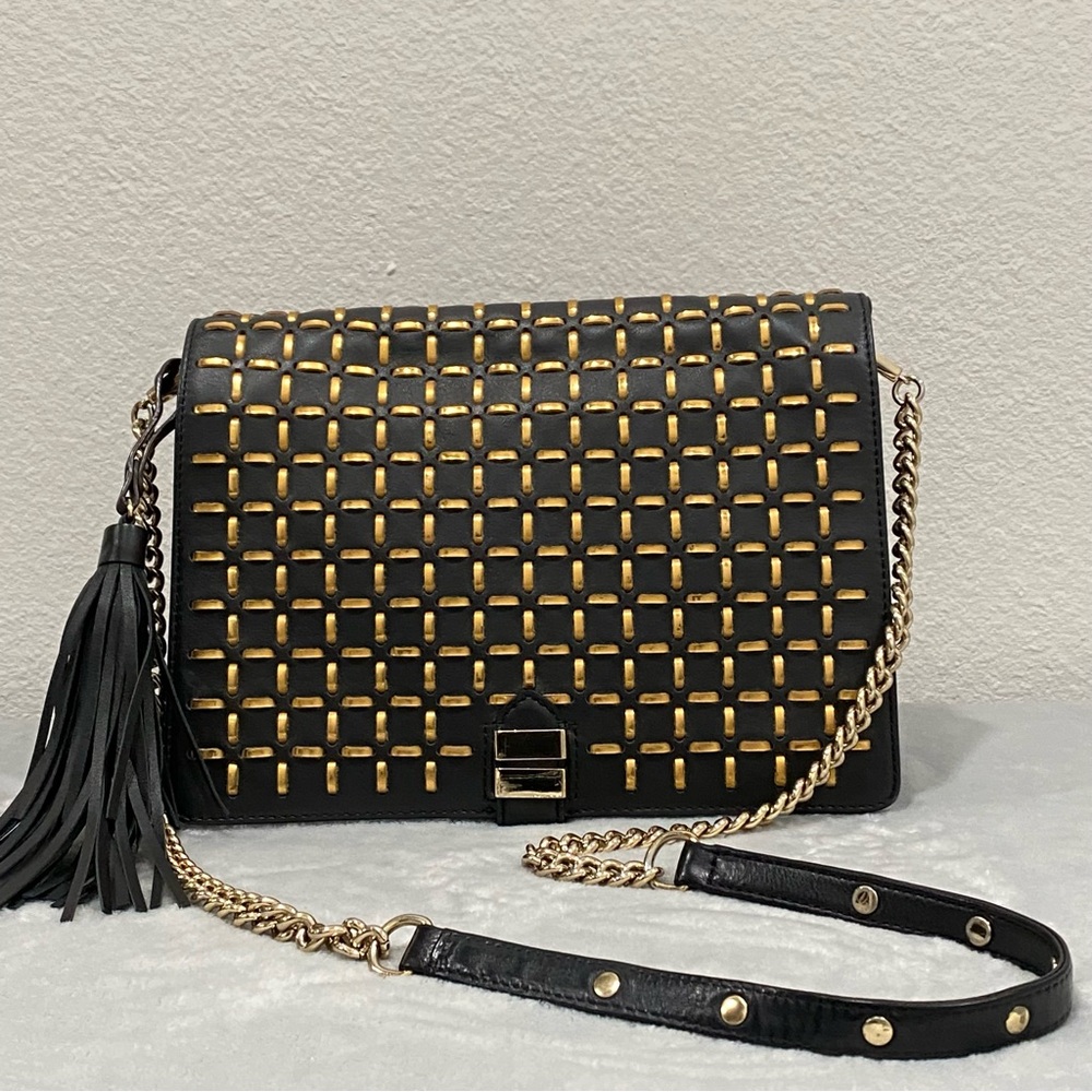 Rebecca Minkoff Black Crossbody with Gold Geometric Detailing